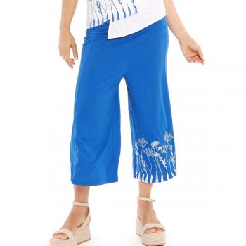 Mamatayoe - Pantalón de mujer Musa con cinturilla elástica y bordado en una pernera, color azul