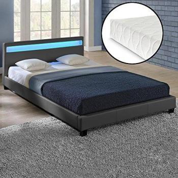 Cama de matrimonio Corium Paris con colchón y LED (180x200cm) - cuero sintético gris oscuro