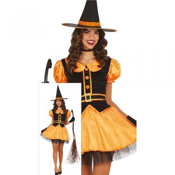 Disfraz de Bruja Naranja Encantada para Mujer - Incluye Sombrero y Vestido con Estrellas Brillantes