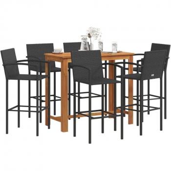 7-Piece Black Acacia Wood and Poly Rattan Garden Bar Set