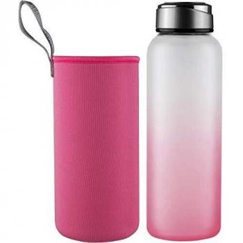 DEARRAY Botella de Agua de Cristal de Borosilicato Deportivo1000ml / 1 Litro, Botella de Agua de Vidrio con Funda de Neopreno y Elegante Tapa de Acero Inoxidable
