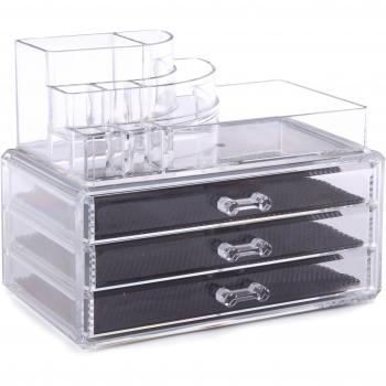 COMPACTOR - Organizador de cosméticos y joyería con 3 cajones y múltiples compartimentos - Caja Transparente - Fabricado en poliestireno - 24 x 15 x 18.7 cm