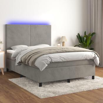 Colchón box spring de muelles y terciopelo LED gris claro 140x190 cm