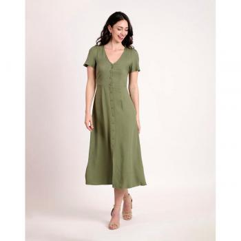 Vestido midi de manga corta y cuello pico color kaki