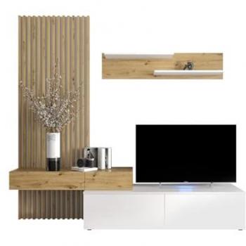 Conjunto de salón Bryan 110, Muebles ES, Aglomerado laminado, Con mesa de TV, 210 x 200 x 43cm, Blanco + Roble Artisan, Partes separadas