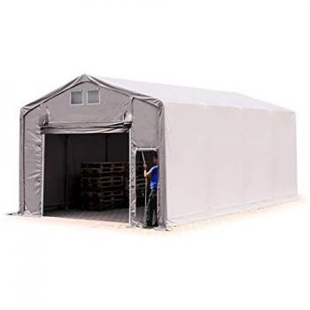 Carpa Industrial TOOLPORT 6x8 m - Altura Lateral 3 m, PVC 850 N, Impermeable, Gris, con Puerta Levadiza