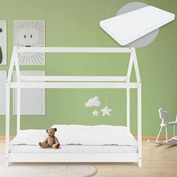 Cama Infantil de Madera de Pino Blanco con Diseño de Casa 80x160 cm, Incluye Colchón H-10 cm y Somier