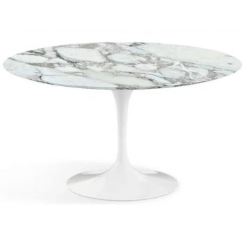 Mesa Tulipán Redonda de Alta Gama con Base Negra Mate y Bandeja de Mármol Arabescato, 80 cm, Blanco Mate