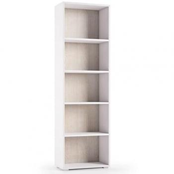 Librería Compacta Moderna de 4 Estantes y 2 Compartimentos, Blanco con Acabado en Roble