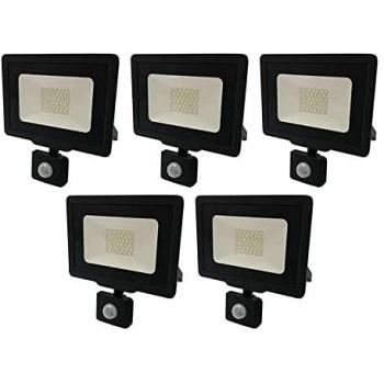 Conjunto de 5 Proyectores LED Negros 30W (150W) con Detector IP65, 2400lm, Blanco Natural 4500K