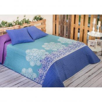 Algodón Blanco Gandía - Colcha bouti estampada, para cama de 150 cm, 250 x 270 cm, 2 fundas de cojín, 60 x 60 cm, color azul