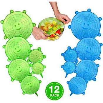 CISHANJIA Tapas de Silicona Elasticas,12pcs Tapas de Silicona Reutilizables Ecológicas,Sin BPA y Reutilizables para Adaptarse a Varios Tamaños y Formas de Contenedores,Seguro para Lavavajillas