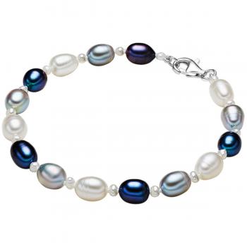 Pulsera de Perlas de Agua Dulce en Plata Esterlina para Dama - Perlas Ovaladas 4-6 mm en Blanco, Gris Claro y Azul Pavo