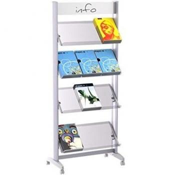 Soporte Móvil de Folletos en Aluminio con 4 Estantes de Plexiglás para 12 Documentos A4