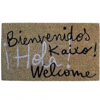 Laroom Felpudo diseño Bienvenidos Kaixo Hola Welcome, Jute & Base Antideslizante, Marrón, 40 x 70 cm