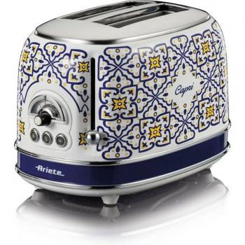 Tostador Ariete Capri 155, 2 ranuras, 810W, 6 niveles de dorado, función de descongelación, expulsión automática, diseño retro multicolor