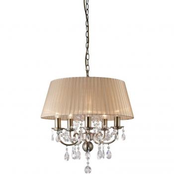 Lámpara colgante Olivia con pantalla de bronce suave, 5 bombillas, latón antiguo claro y cristal