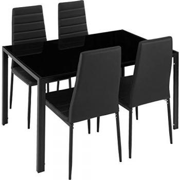 Conjunto de mesa y 4 sillas de comedor Berlín - Cuero sintético muy resistente, Tablero de la mesa robusto, de vidrio de seguridad, juego de mesa y sillas elegantes ligeras, asientos de comedor