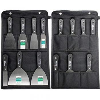 7 piezas espatula masilla, juego de raspadores y cuchillas de relleno con bolsa de herramientas, 50# espátulas de masilla de acero, raspadores de pintura de pared con mango de plástico antideslizante