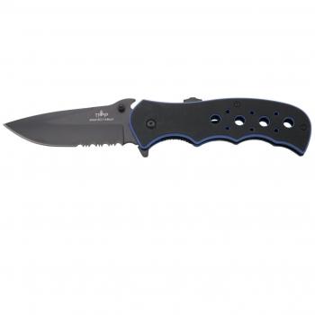 Navaja Third K1905BLS con Mango de G10 Bicolor Negro y Azul, Hoja de Acero Inoxidable 8Cr14MoV de 9,8 cm con Sierra y Abre Botellas - Incluye Funda de Alta Calidad