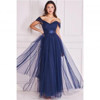 Goddiva Off The Shoulder Princess Maxi Dress - Navy