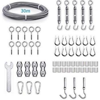 Ruesious 30m Φ2mm Kit de Cuerda de Acero Inoxidable,De múltiples fines Cable de Acero Inoxidable Nylon con Tensor y Ganchos,Para hacer Luces para Exteriores Suspensión,tendedero,soporte planta.