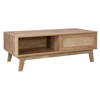 Mesa de Centro SWEEEK con 2 nichos, 1 puerta corredera, efecto madera y caña, patas de eucalipto