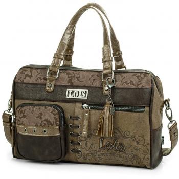 Lois - 95131 Bolso de Mujer Bowling Bandolera Ajustable Doble asa con Cremallera. 2 Bolsillos con Cremallera Delante y Otro detrás. Llavero. Lona y Piel sintética - Polipiel, Color Marron-Dorado
