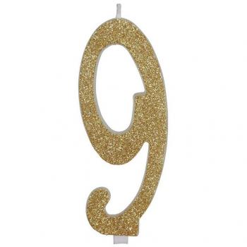 Vela Escarchada Oro Número 9 de 12.5 cm