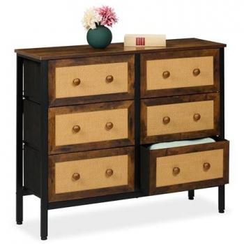 Cómoda 6 Cajones Efecto Ratán, 83x100x32 cm, Mueble Recibidor y Cajonera para Pasillo y Dormitorio, Marrón/Negro