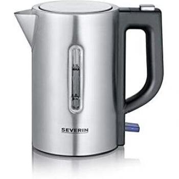 SEVERIN WK 3647 - Hervidor de agua de viaje, 0.5 L, 1.100 W, tensión conmutable 115/230 voltios, 2 tazas de plástico y 2 cucharas, Acero Inoxidable Cepillado, Negro