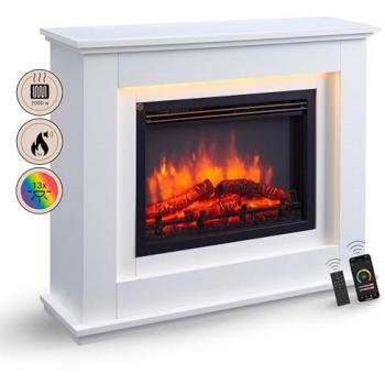 Chimenea eléctrica de pie Baldur 2000W con 3D, WiFi, control por app, crepitación, temporizador y termostato - Blanco