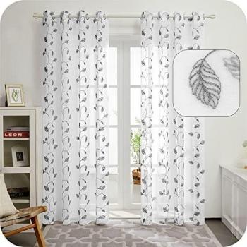 Amazon Brand - Umi Cortinas Translucidas Decorativas con Motivos Hojas con Ojales 2 Piezas 140x229cm Gris