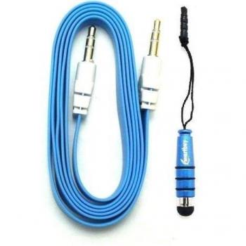 Emartbuy® Aux Paquete para Samsung Galaxy Star 2- Azul Lápiz Óptico Metálico + Azul Cable Conector Estéreo Auxiliar de 3,5 mm Plano Antienredos