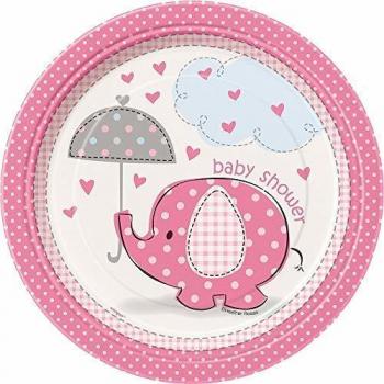 Unique Party- Platos de Papel Baby Shower con Elefante, 8 Unidades, Color rosa, 17.1 cm
