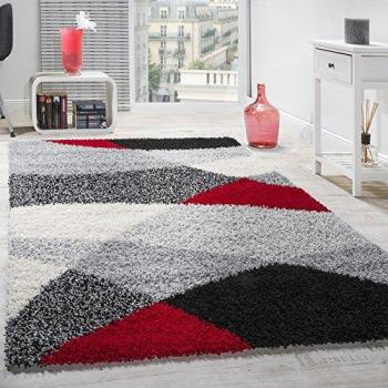 Alfombra Shaggy Pelo Alto Estampada Geométrica en Gris, Negro, Blanco y Rojo, Tamaño: 70x250 cm
