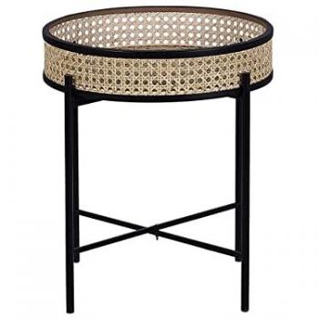 Mesa auxiliar plegable de metal negro con tablero desmontable de ratán ligero estilo boho redondo Vienna