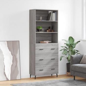 Aparador alto de madera contrachapada gris sonoma 69,5x34x180 cm con 3 cajones, mueble de almacenaje moderno para salón, armarios con puertas y cajón de madera