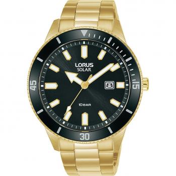 Reloj Lorus Solar para Hombre RX308AX9 - Analógico, 43mm, Acero Inoxidable, Resistencia 10ATM, Esfera Negra y Dorada