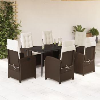 7-Piece Brown Poly Rattan Garden Dining Set with Cushions