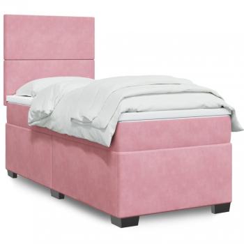 Cama box spring con colchón de muelles en terciopelo rosa 100x200 cm