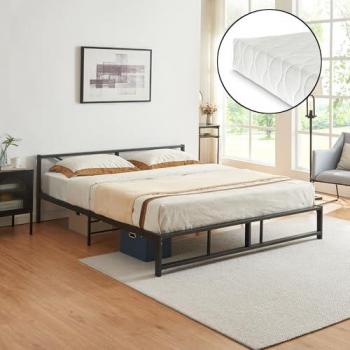 Cama Doble de Metal Meran con Colchón de Espuma Fría - 180 x 200 cm, Somier de Acero Negro, Reposacabezas Decorativo, Certificado Oeko-Tex 100
