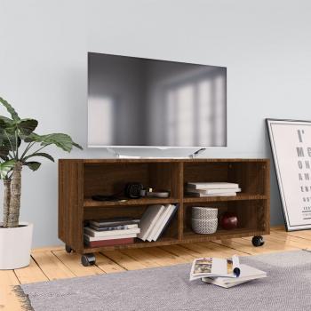 Mueble para TV con ruedas de madera contrachapada en color roble marrón, dimensiones 90x35x35 cm