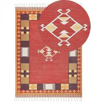 Alfombra Kilim Multicolor de Algodón 140 x 200 cm, Tejida a Mano, Reversible, Patrón Geométrico con Borlas