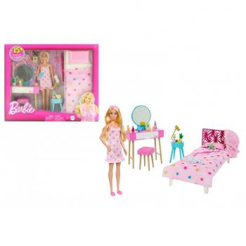 Barbie Habitación de Ensueño con Muñeca, Dormitorio con Accesorios, Incluye Cama, Tocador, Albornoz y Gatito, para Niños Mayores de 3 Años (Mattel