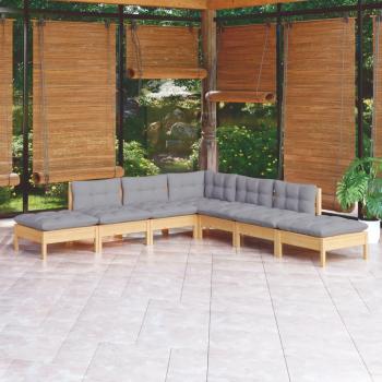 7-Piece Pinewood Garden Lounge Set with Grey Cushions