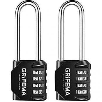 GRIFEMA GA1002 -Candado de Combinación Extendido，2 Piezas, Cerradura de Combinación de 4 Dígitos para Escuela, Adecuada para Gimnasio, Maleta de Equipaje Etc, Negro[Exclusivo en Amazon]