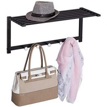 Perchero de Pared con Estante y 5 Ganchos, Metal Negro, 28 x 65 x 25 cm - Relaxdays
