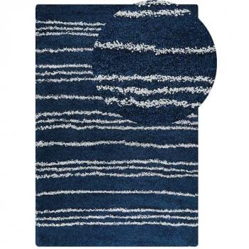 Alfombra Moderna Shaggy Azul y Blanca de Polipropileno 200 x 300 cm con Patrón de Rayas