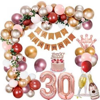 30 Decoraciones Cumpleaños para Mujeres, Globos Metálicos de Rosa Dorado Plateado Happy Birthday Pancarta Foil Globos Número 30 Cake Topper 2 m vid de flores para Decoración Fiesta Cumpleaños